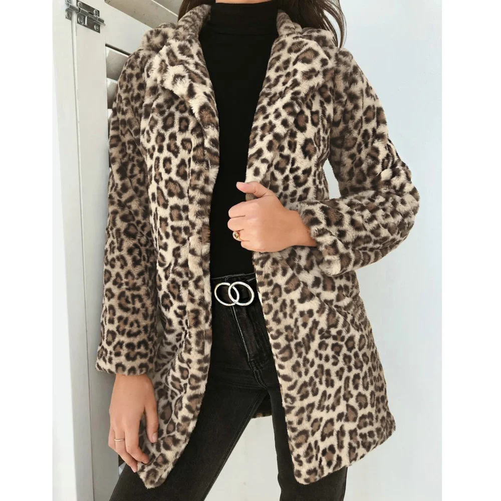 

Leopard Printed Coat Turndown Collar Cardigan Plush Slim Winter Warm Faux Fur Long Outwear For Women Ez*