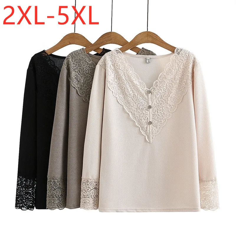 

New 2021 Ladies Spring Autumn Plus Size Basic Tops For Women Large Long Sleeve Black Beige Lace V-neck T-Shirt 2XL 3XL 4XL 5XL