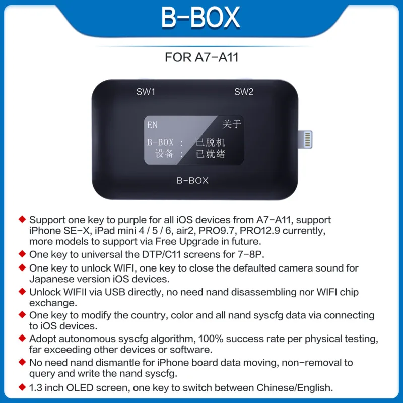 

JC B-BOX C3 DFU Box Window DCSD Cable For IOS A7-A11 One Key Purple Mode for iPhone & iPad Unlock WIFI Modify NAND Syscfg Data
