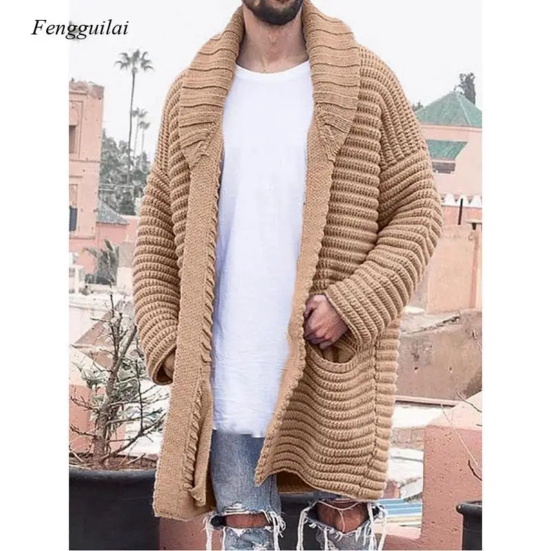 

Men's Autumn and Winter Cardigan Knitted Long Sleeves Lapel Pocket Solid Color Thick Warm Sweater Casual Jacket