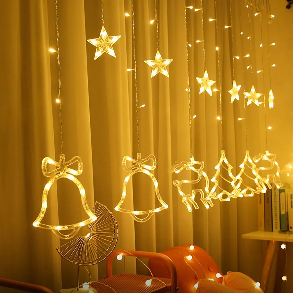

Christmas Tree Curtain Lamp Day Party Room Decorated Bar Light String Garland Waterproof LED Fairy Lights Elk Bells Curtain Lamp