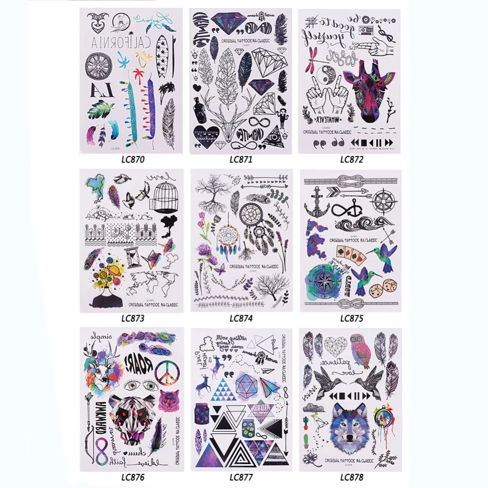 Временная тату наклейка с разноцветными перьями птицами черным Ловец снов