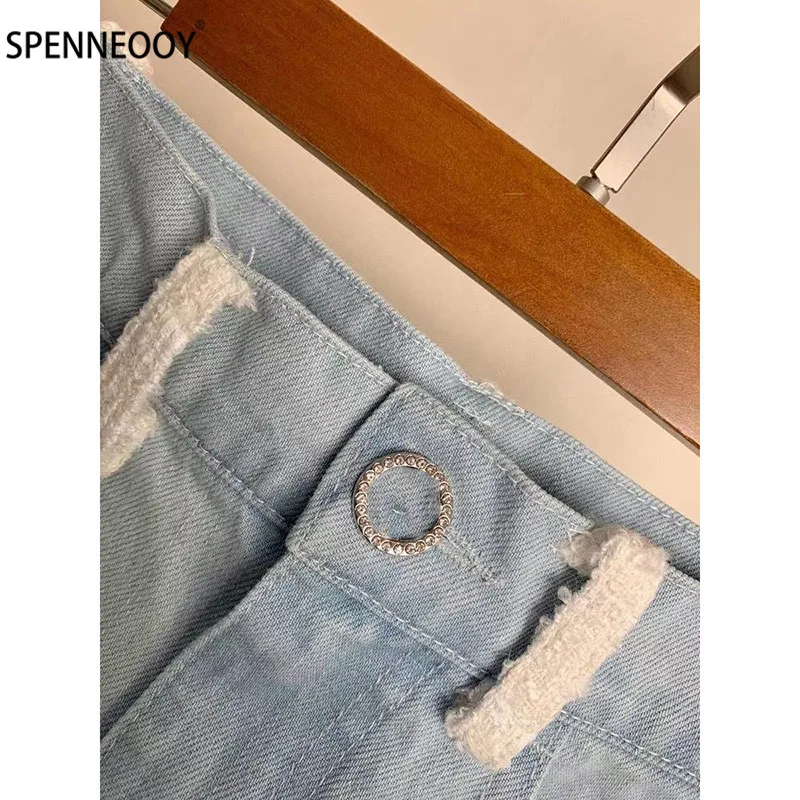 SPENNYMOOR 2021New Runway Brand Summer Mini Denim Skirt Women Crystal Button Tweed Patchwork Denim Skirt