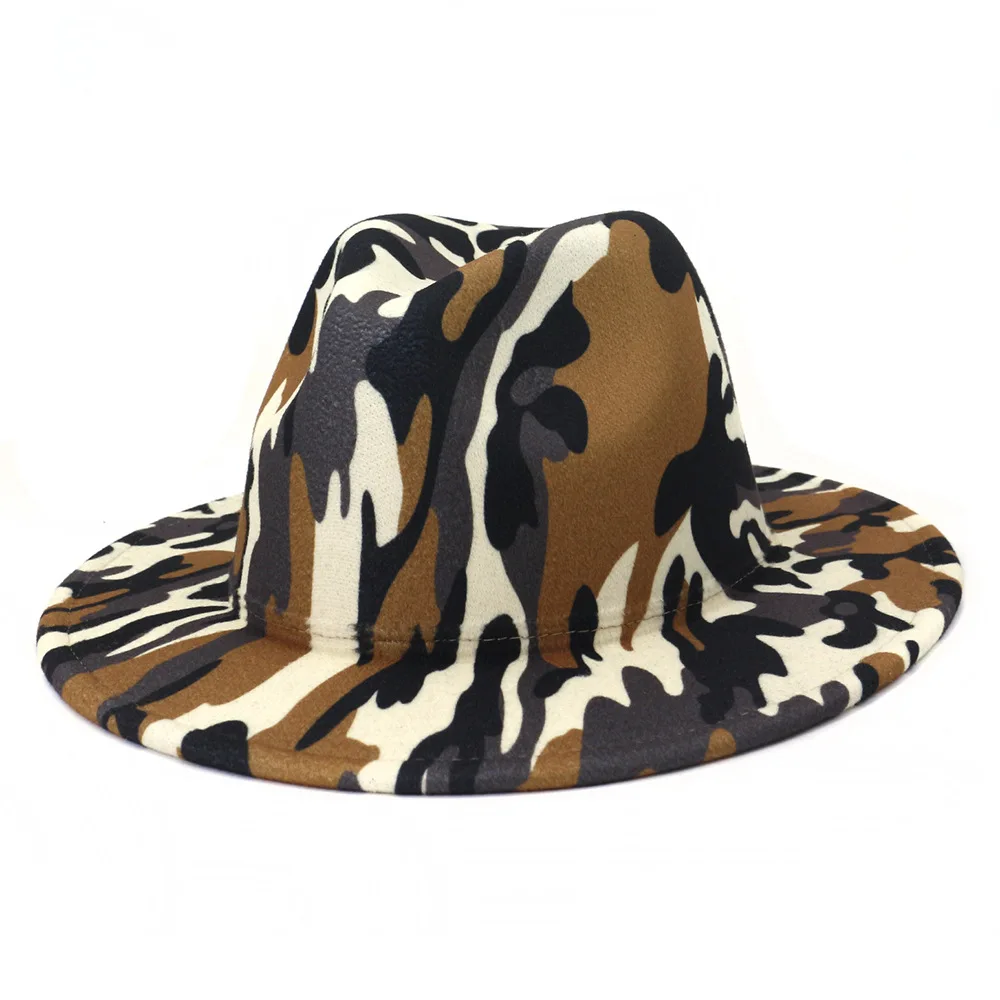 

wholesale Fedoras camo fedora hat men panama top cap unisex hat Military color fedoras large brim hat church hat party hat