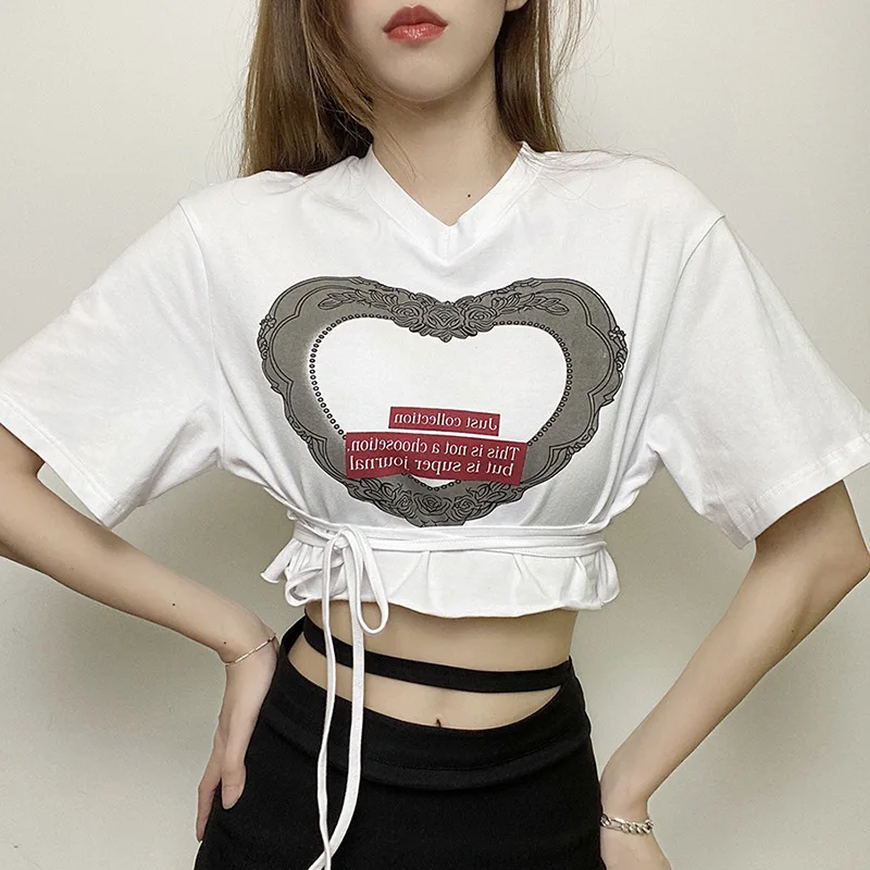 

European American Summer Women's Slim Body Exposed Navel Fashion Printed Bandage Short-Sleeved T-Shirt Crop Top For Women Girls