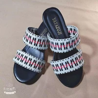 2021 new summer cool and comfortable strip combined fabric mid heel square heel round toe womens slippers