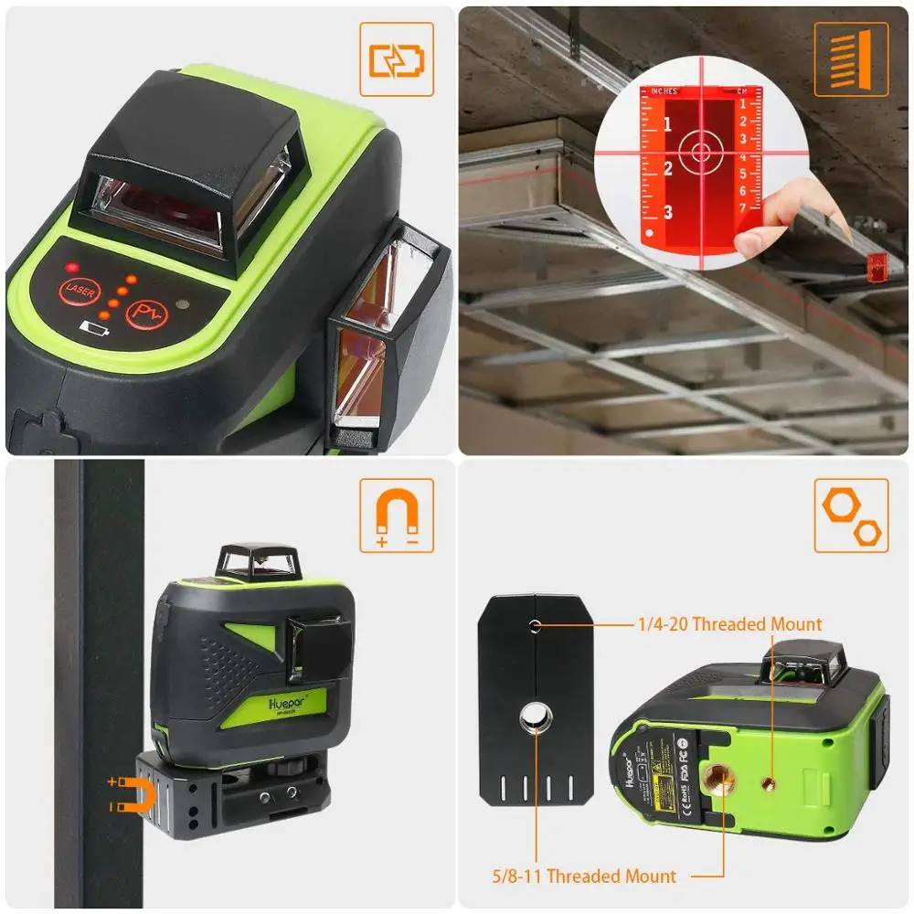 Huepar 8 Lines 2x360 Cross Laser Level Measure Rotary Line Red Beam Self-leveling Manual Mode Use Li-ion Battery | Инструменты