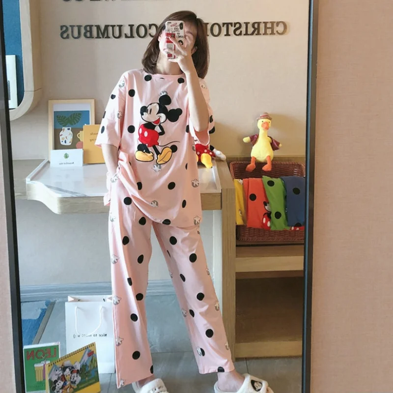 5 Colors Disney Cartoon Mickey Mouse Print Polka Dot Women's Summer Suits Casual Soft Nightgown Women Loose Home Wear Pyjama