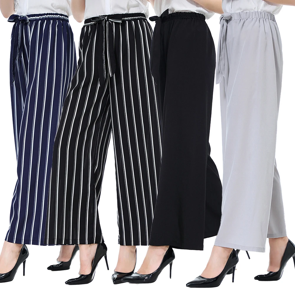 

2020 Women wide leg pants Summer Autumn Casual Women Solid Color/Striped Drawstring Wide Leg Trousers Loose Long woman pants
