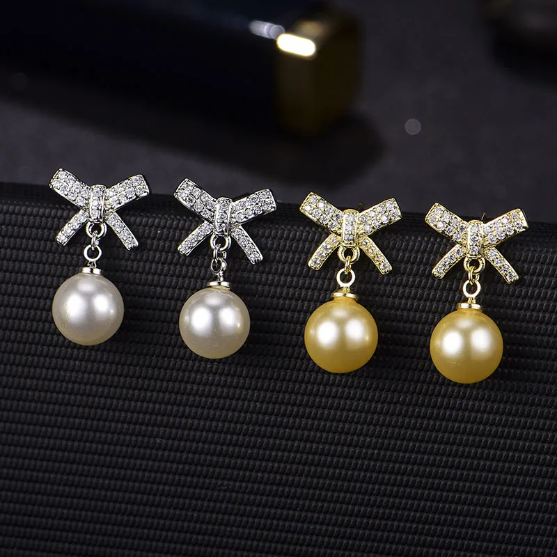 Women's Bowknot Wedding Stud Earrings Shiny Micro Crystal Butterfly Imitation Pearl Elegant Bridal Piercing Earring Jewelry Gift