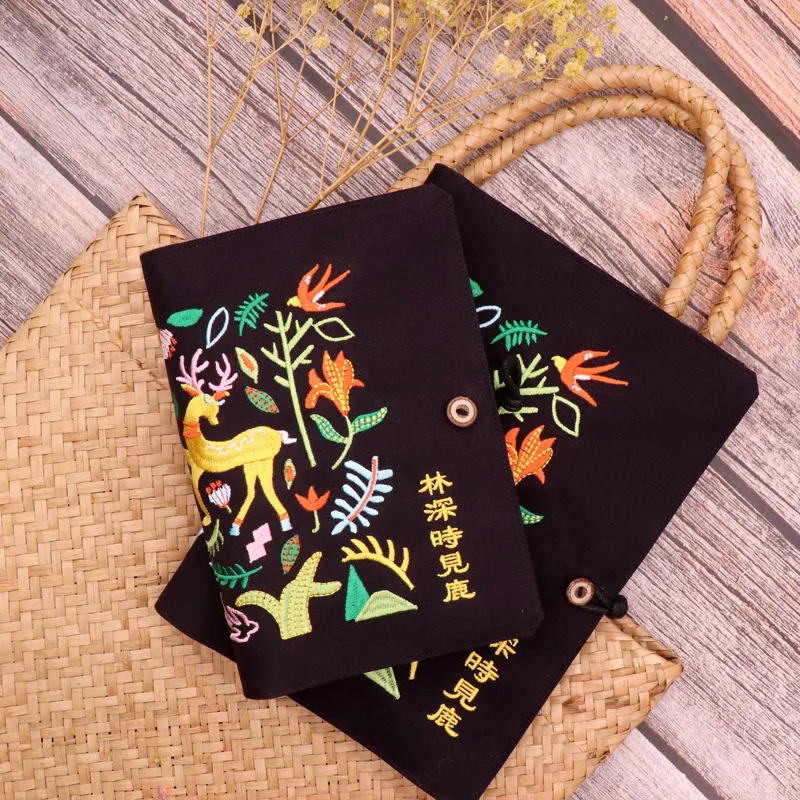 

Antiquity Style Embroidery Notebook Black Fabric Cover Book Exquisite Gift Loose-leaf Memo Handmade Agend Notepad Sketchbook