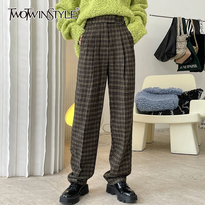 

Женские брюки в клетку TWOTWINSTYLE, осенние брюки с высокой талией и широкими штанинами, 2021