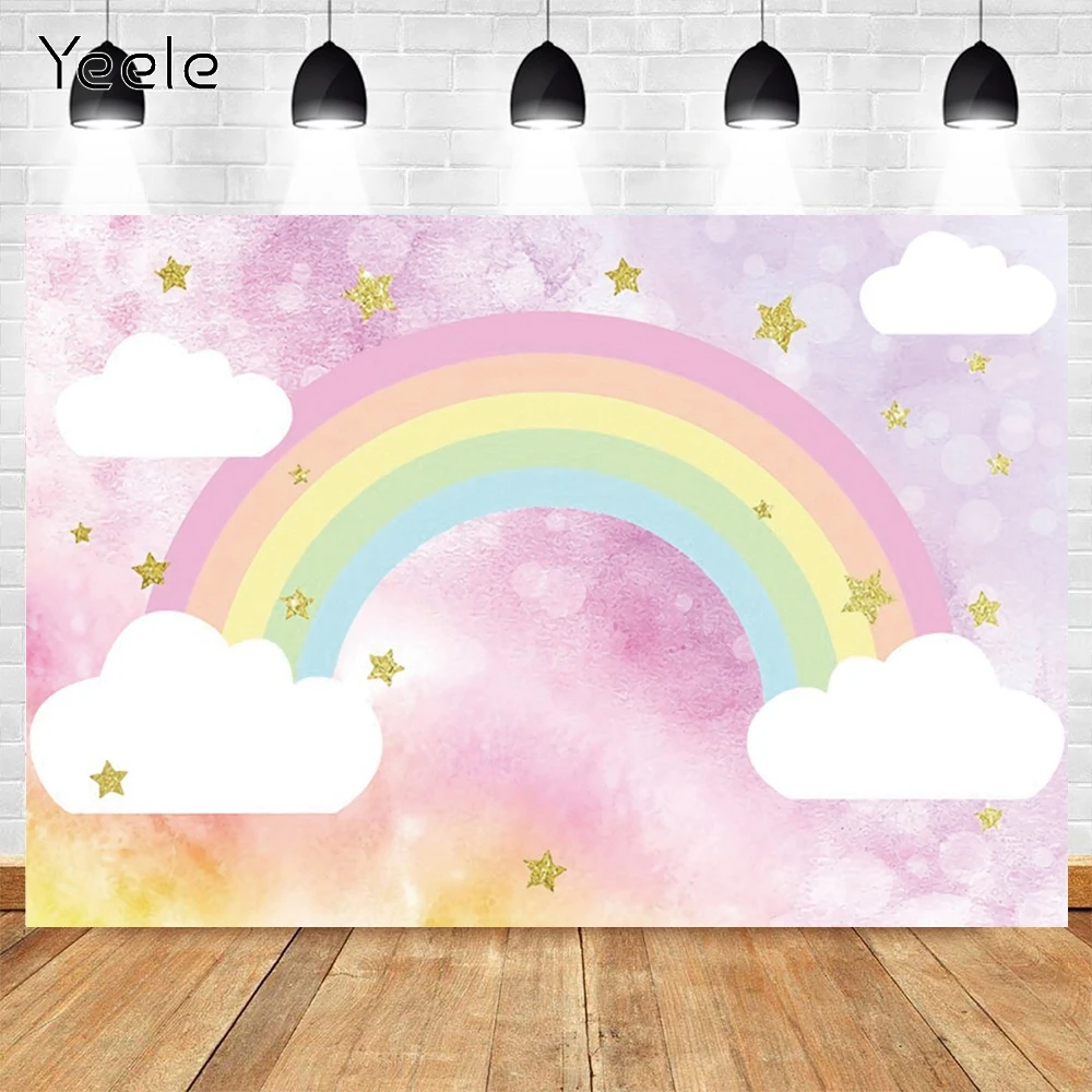 

Yeele Baby Shower Backdrop Photocall Rainbow Clouds Birthday Gold Star Party Decor Photo For Photography Background Studio Shoot