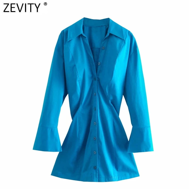 

ZEVITY женское модное однотонное однобортное повседневное тонкое мини-платье-рубашка офисное женское шикарное Деловое платье с длинным рукав...