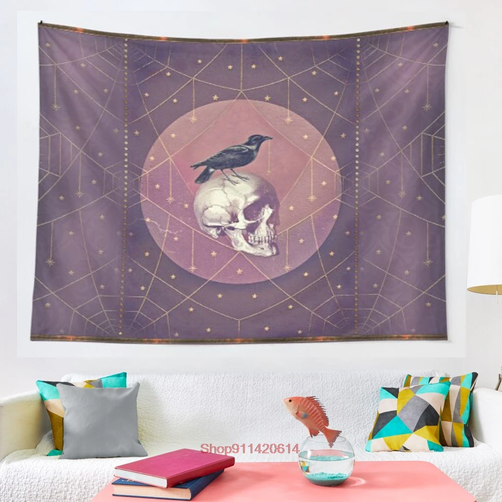 

Гобелен в виде вороны и черепа с коллажем, подвесной гобелен в стиле хиппи, настенное одеяло, настенный ковер, коврик для йоги, домашний деко...