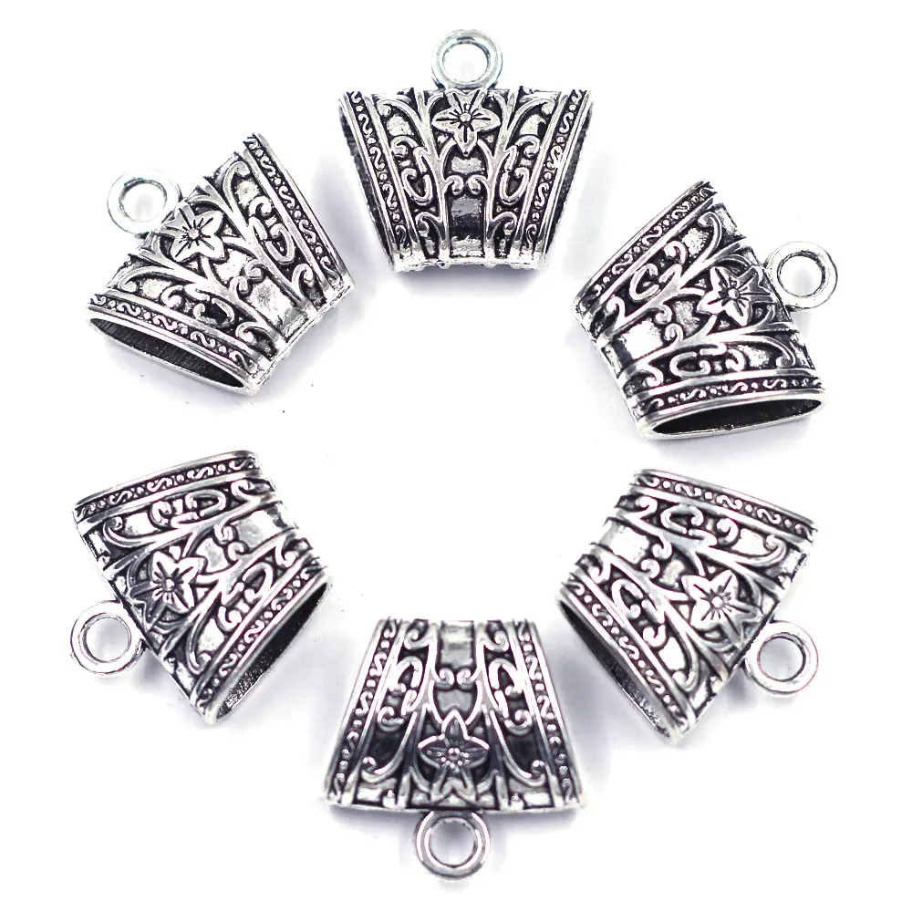 

50Pcs Silver Tone Flower Floral Carved Bail Beads For Wrap Scarf Jewelry Finding 23x23mm