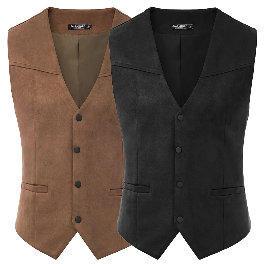 

summer fall Men's coat vintage retro Faux Suede Vest Waistcoat Sleeveless Deep V-Neck Snap-Button Placket cocktail slim vest top