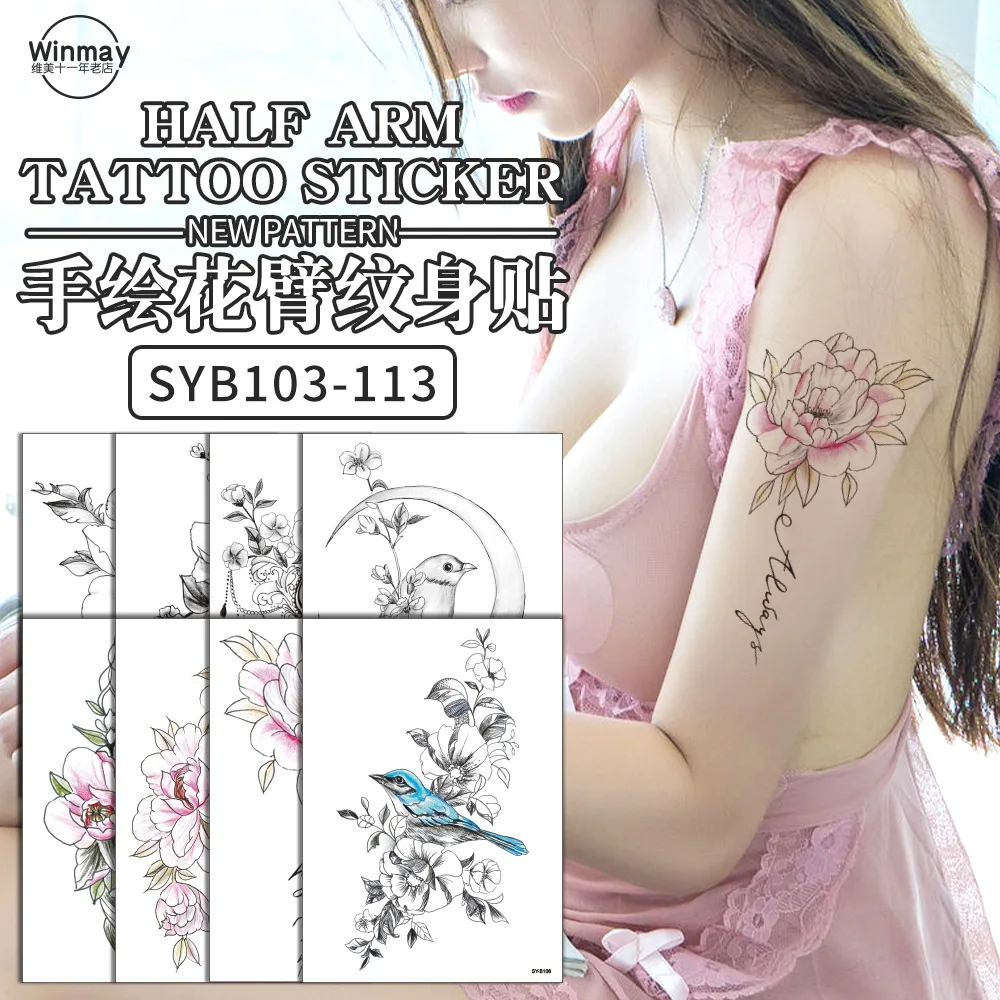 Ручная роспись цветок рука стойкая Роза и гудение птица Временные татуировки