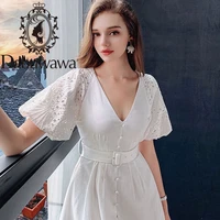 dabuwawa exclusive sexy white dress women hollow out puff sleeve sashes fashion solid a line party dress female do1bdr075