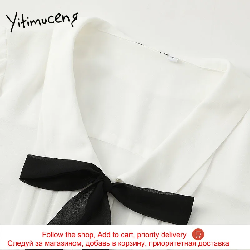 

Yitimuceng Bow Lace Up Blouse Women Lantern Sleeve Button Shirts Straight White 2021 Spring Korean Fashion Turn-down Collar Tops