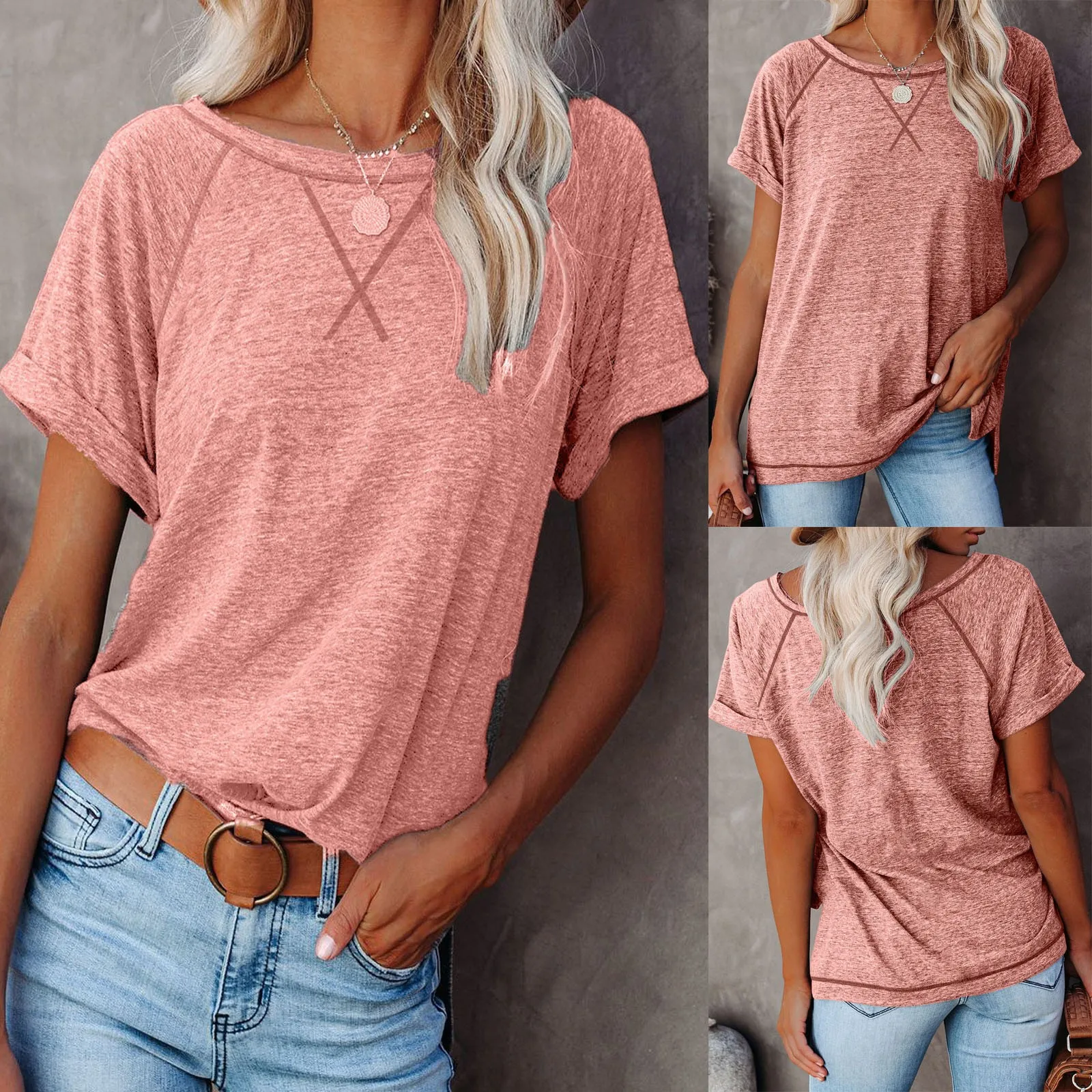 

Summer Simple Womens T-shirt Solid Short Sleeve Round Neck Casual Loose Office Lady Tops Pullover Tee Tops Camiseta De Mujer