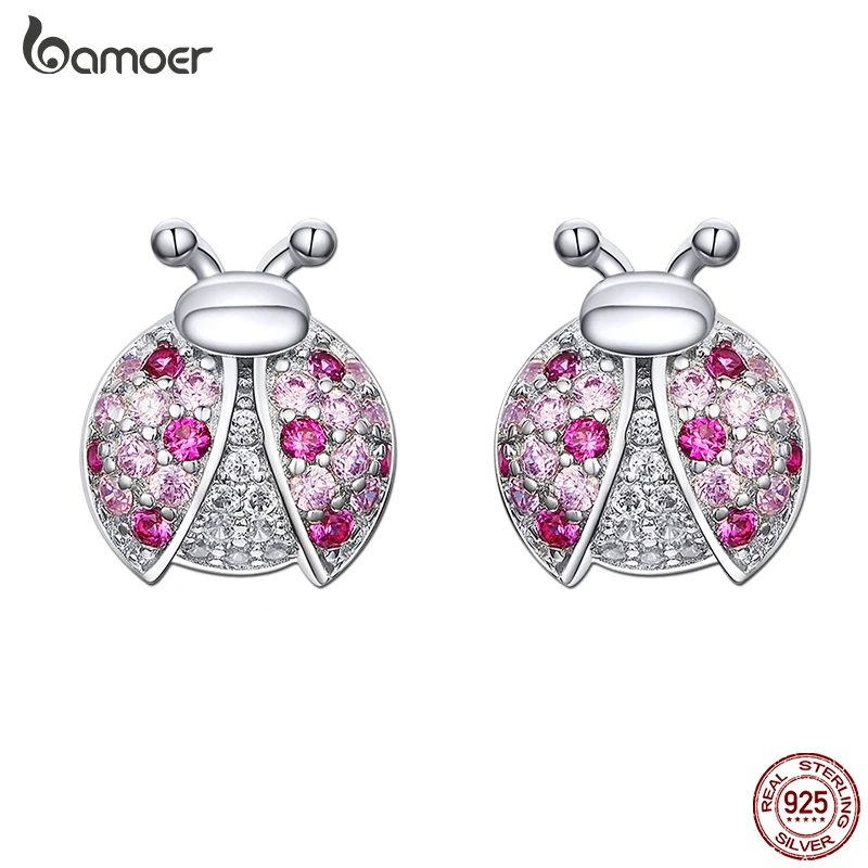 

Bamoer Pink Cute Insect Ladybug Stud Earrings for Women Genuine 925 Sterling Silver Dazzling CZ Party Jewelry Gift GXE715