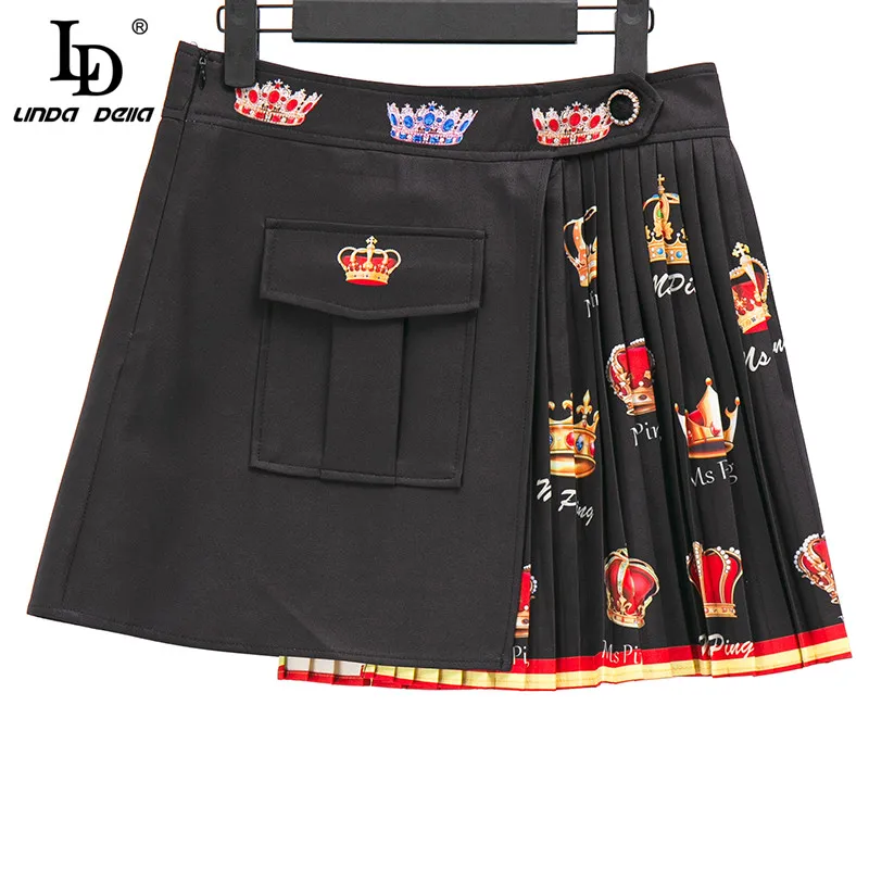 

LD LINDA DELLA Designer Summer Short Pleated Skirt Suit Women Long sleeve Bead Black Jacket TopsPrint Mini Skirts 2 Pieces Set