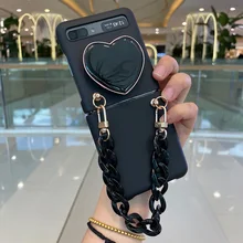 Fashion Cute Love Heart Stand Holder Cool All Black Phone Case Cover With Bracelet Hand Chain For Samsung Galaxy Z Flip 5G 4G 3