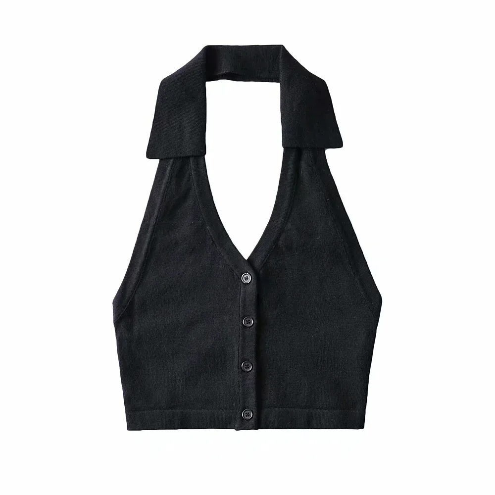 

TVVOVVIN 2021 Summer Women's New Solid Color Halter Neck Knitted Tank Tops Sexy Backless Female Short Tops Y7WS