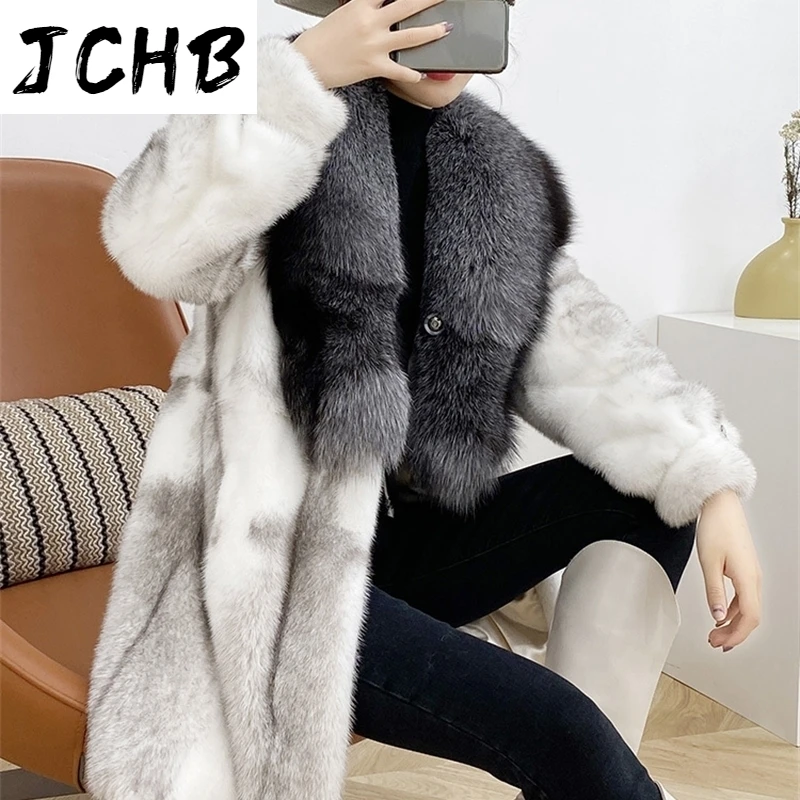 SHZQJCHB Winter Coats Women 2021 Real Fur Coat Woman Natural Mink Fur Jacket Female Fox Fur Collar Hooded Jackets Casaco TN1367