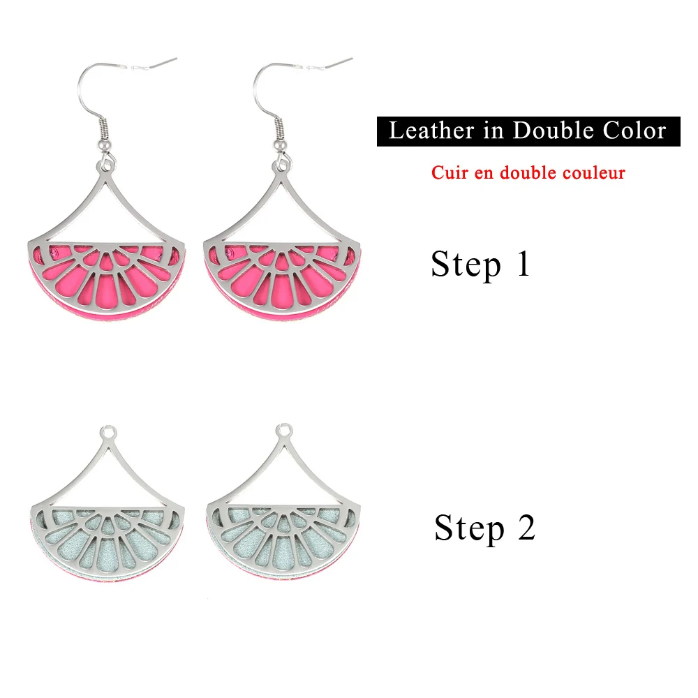 Pink and gray Cremo Stainless Steel Geometric Fan Pendant Earrings for Women Georgette Drop Hanging Earrings Leather Dangle Earrings Jewelry - Metal Color: Pink and gray