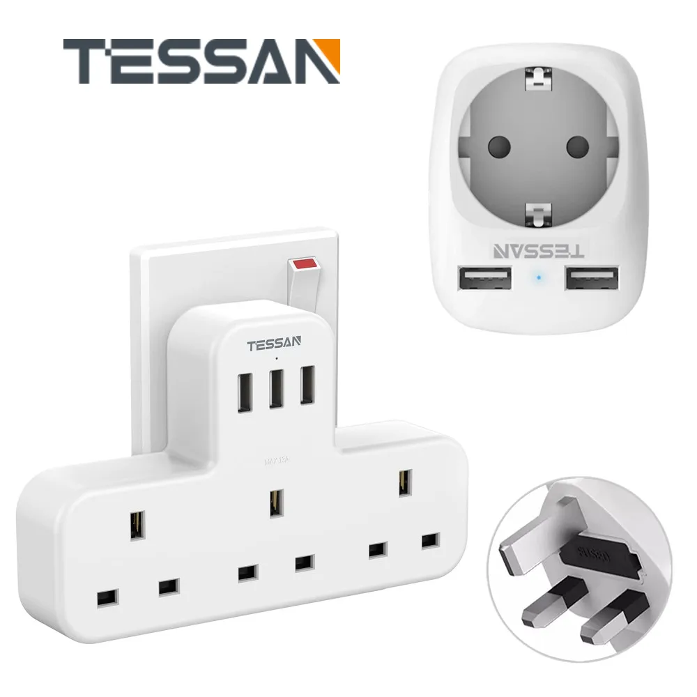 

TESSAN Multi Plug Extension Sockets with 3 USB Ports 3 Way UK Outlets 6 in 1 Wall Socket Power Extender Adaptor for Home Office