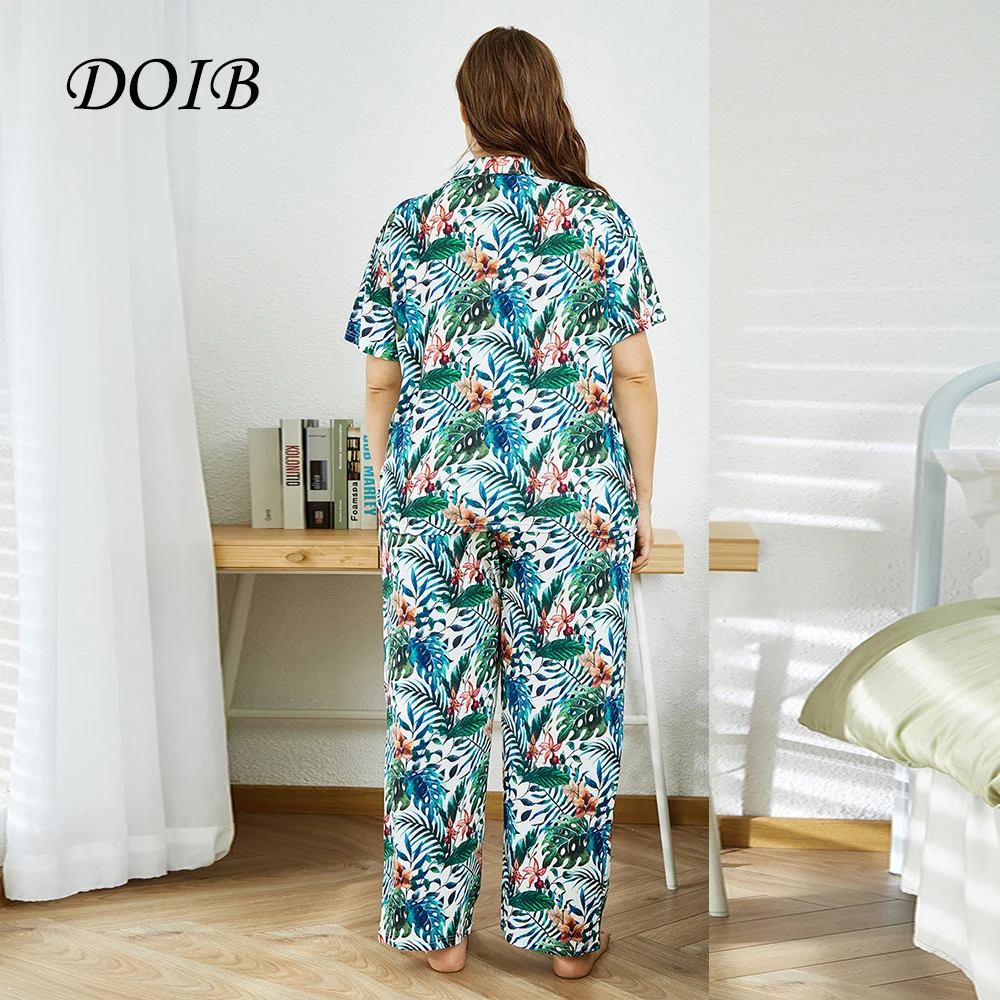 

DOIB Women Plus Size Pajamas Sets Faux Silk Lapel Leaf Green Leaves Print Large Size Nightwear Short Sleeve Trousers Sleepwear