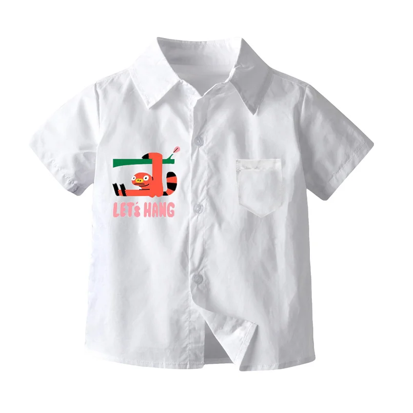 

Рубашка с воротником для маленьких мальчиков, топы с коротким рукавом и мультяшным принтом, с карманом и пуговицами, детская одежда