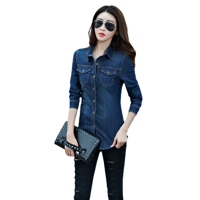 

Новая модная джинсовая рубашка, Женская облегающая Повседневная универсальная однотонная эластичная женская джинсовая рубашка с длинным ...