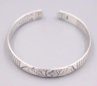 new pure solid 999 fine silver bracelet lotus flower and buddhist texts pattern 9mm cuff bangle diameter 58 62mm