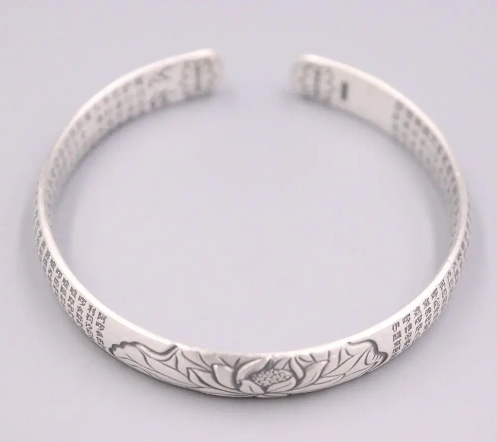 Браслет манжета из чистого серебра 999 пробы с цветком лотоса и буддистским