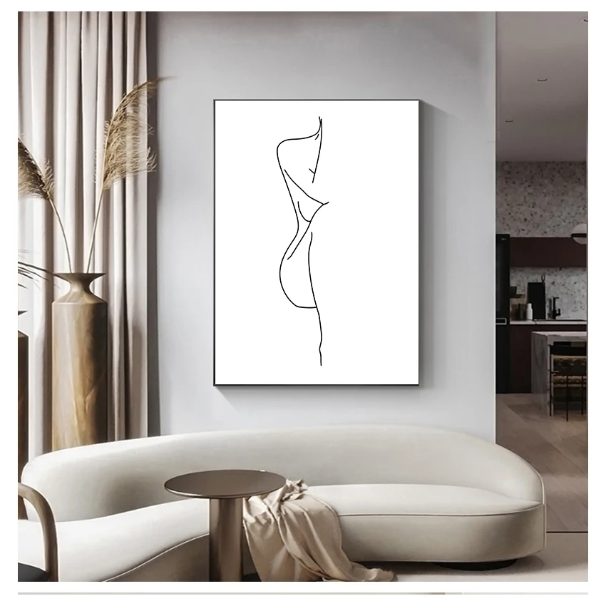 

Art Canvas Painting Black White Picture Minimalist Art Poster Woman Figure Prints Home Wall Decor Nude Female Body Line Drawing