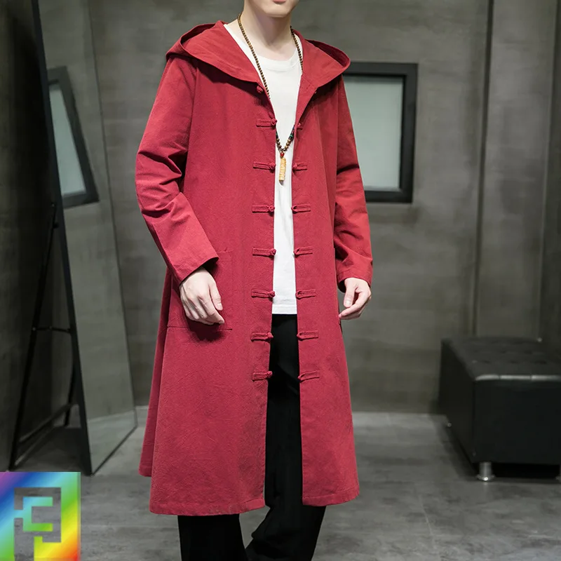 

Men Clothing 2021 Autumn Men's New Style Cotton Linen Windbreaker Jacket Japanese-style Long Cloak Road Robe Hooded Cloak