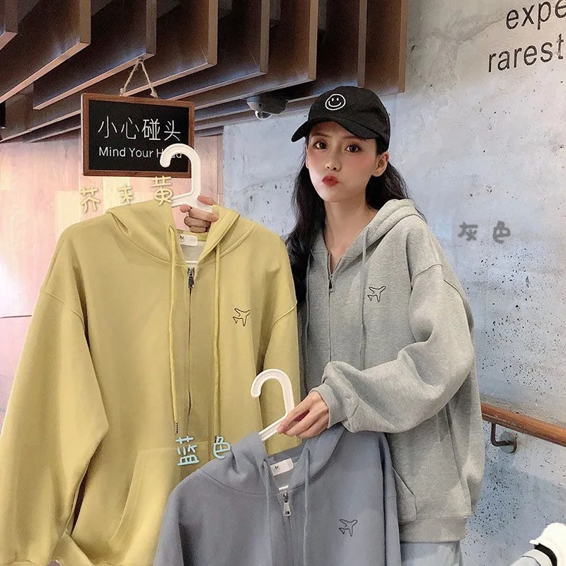 

Solid Color Small Airplane Print Hoodies Women Long Sleeve Oversized Hooded Sweatshirt Office Lady Harajuku Casual Woman Coats