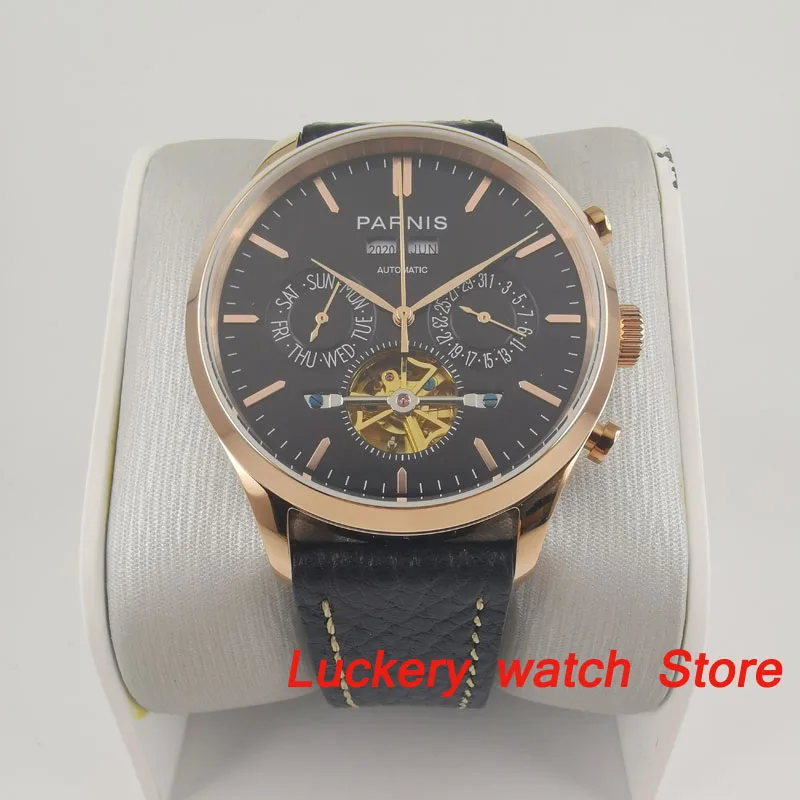 

Parnis 43mm Automatic mechanical watch rose golden case black dial year month week date Multifunction Automatic mens watch PA125