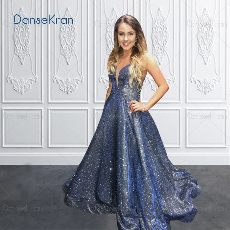 

Sparkle Blue Formal Evening Dresses 2022 Illusion V-Neck Long Prom Dress For Party Spaghetti Strap Elegant Maxi Dress Women