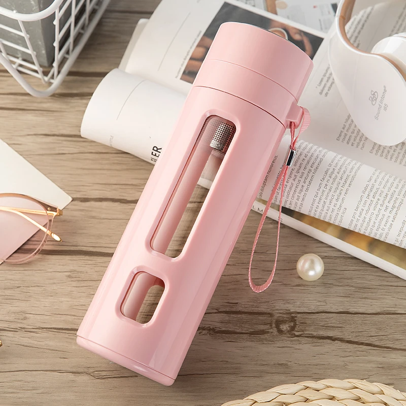 Pink380ml Чайная бутылка стеклянная Изолированная короткая герметичная портативная с отделением для заварки чая стеклянная бутылка Защита подарок напиток чайник бутылка - Цвет: Pink380ml