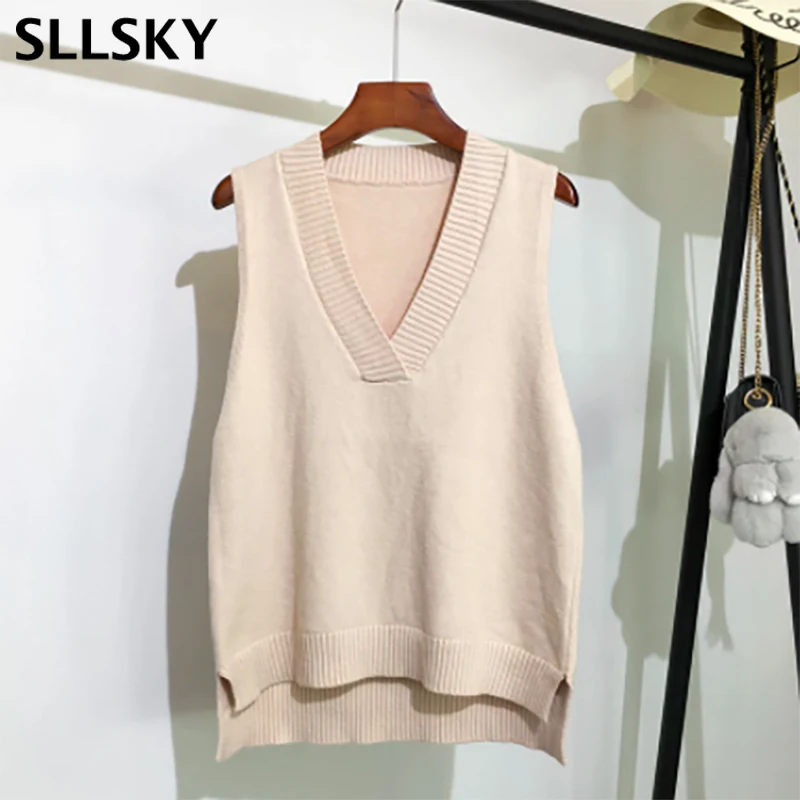 

Sllsky вязаный жилет женский свитер осень и зима новый v-образный вырез сплошной цвет корейский Свободный дикий свитер жилет свитер без рукаво...