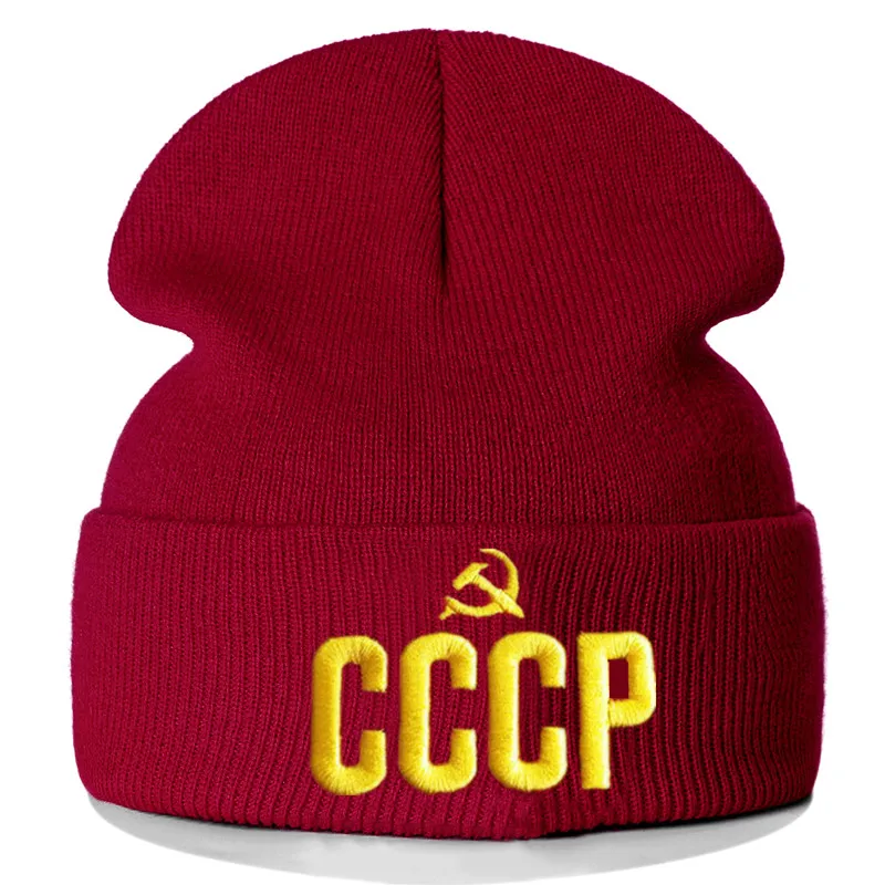 Новинка CCCP шапочка 3D золотая вышивка Повседневная зимняя шапка для мужчин и женщин теплая вязаная шапка сплошной цвет уличная унисекс шапка бини шапка - Цвет: Wine Red