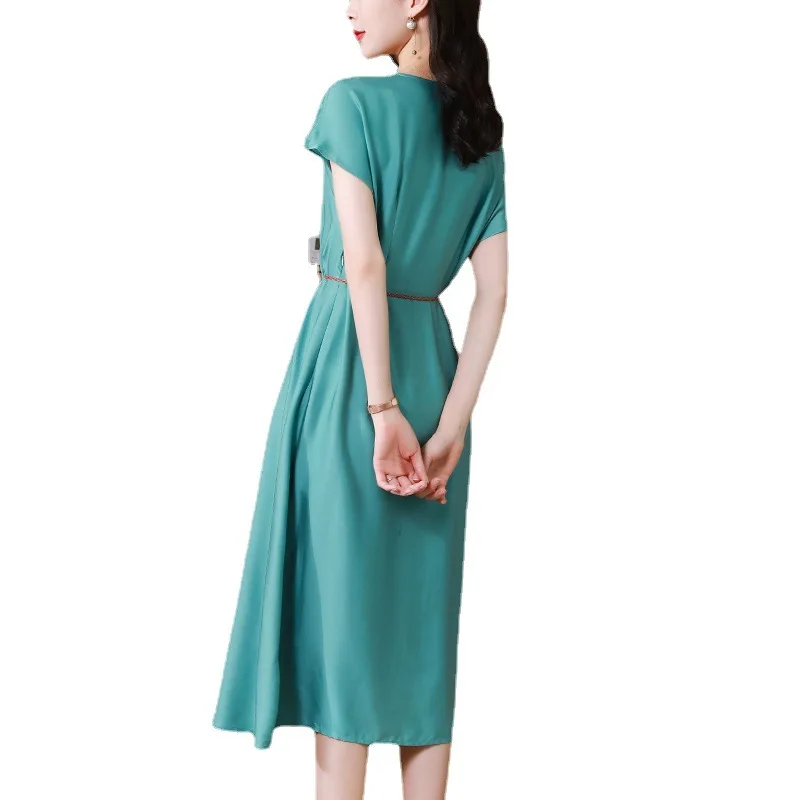 

Gezelligheid Dresses For Women 2021 Summer New Fashion Elegant Female V-Neck Temperament Slim Mulberry Silk Spandex Midi Dress