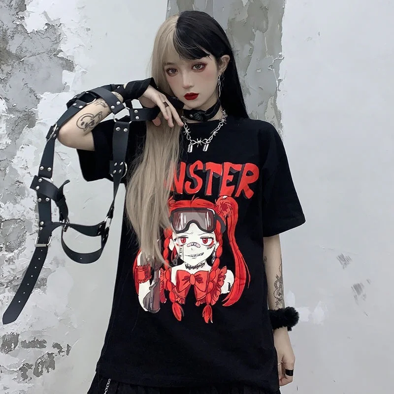 

Женские футболки в японском стиле Харадзюку с графическим рисунком, 2021 готические, в стиле панк, темные, милые, с коротким рукавом, футболки, ...