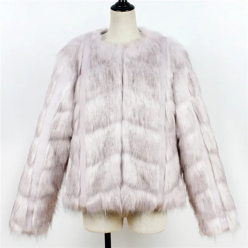 LANSHIFEI New Faux Fur Coat High Quality Fashion Slim Black Red Pink Faux Fur Jacket Fake Rabbit Fur Coat - Цвет: white fur black top