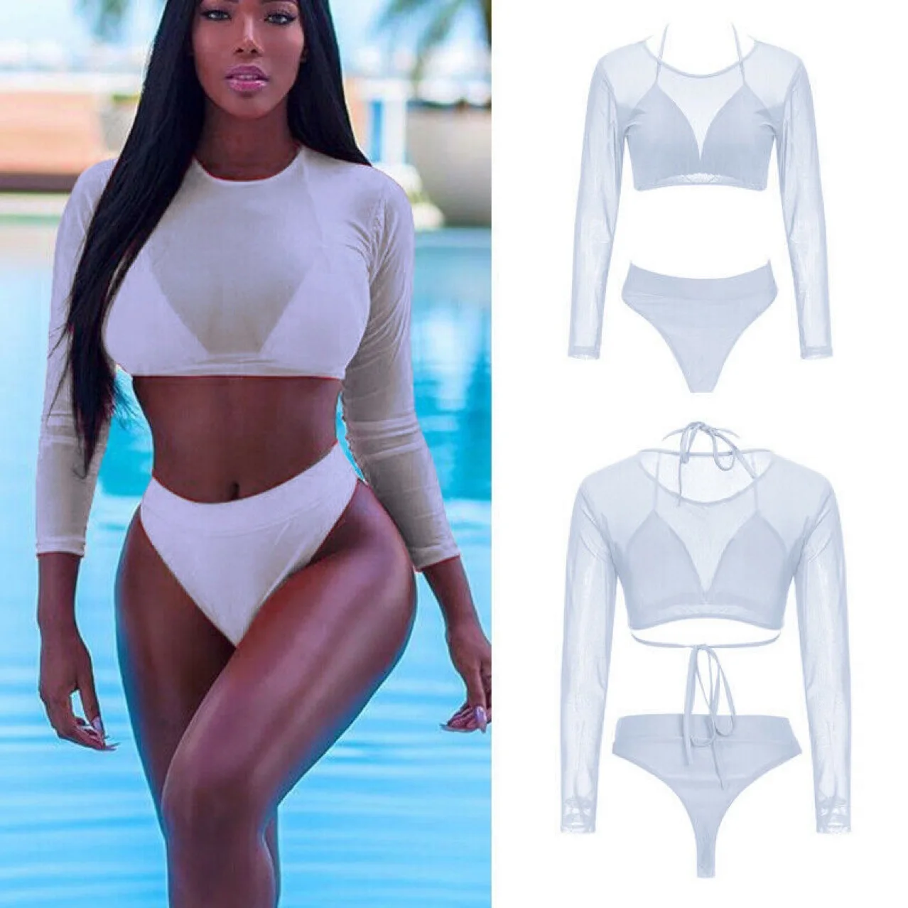 

Summer Women Triangle Three-Piece Suit Sexy Bikini Set Bandage Push-Up Swimsuit Bathing Beachwear