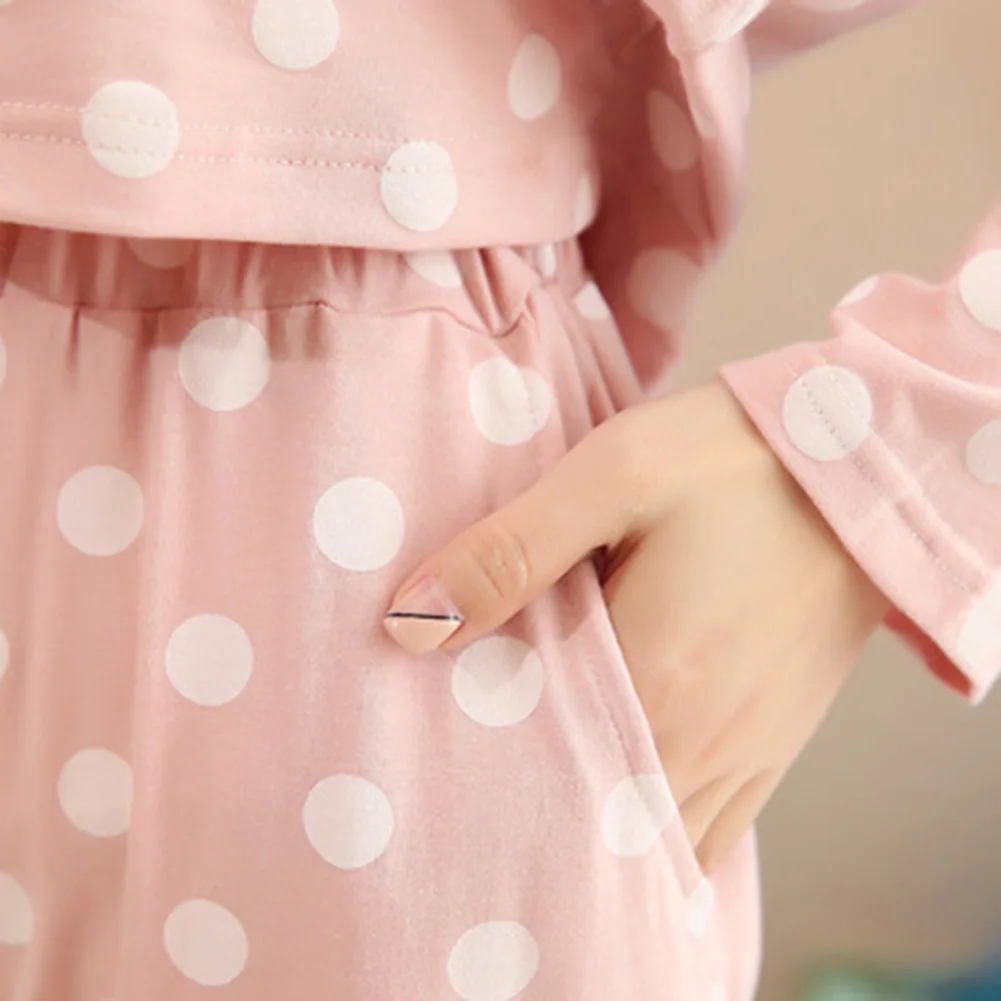 

Polka Dot Print Pajama Set Long Sleeve Round Neck Women Two-pieces Sleepwear